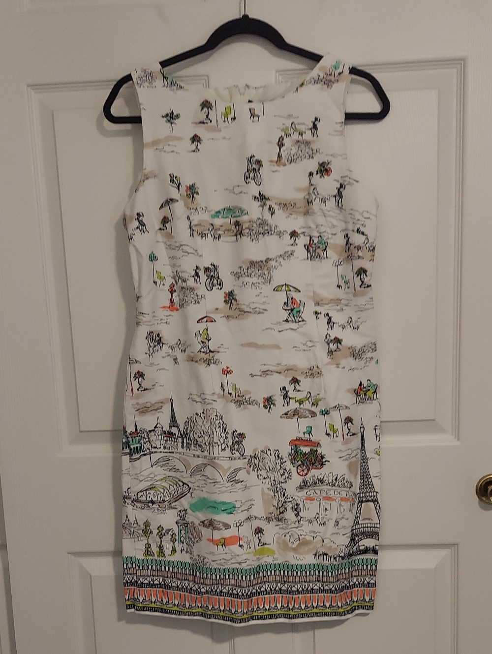 Chetta B White Scenic Print Midi Sheath Dress with Multicolor Accents Sz. 12